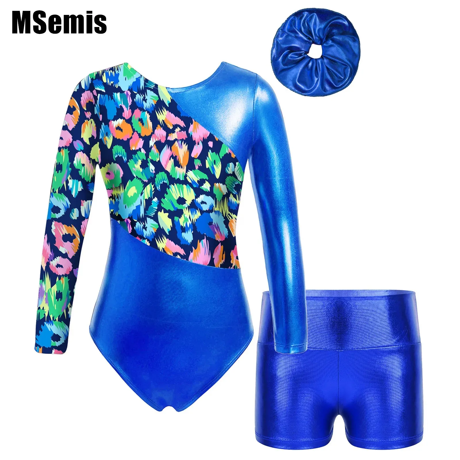 Kids Girls Gymnastics Performance Outfit Long Sleeve Printed Patchwork Leotard Metallic High Waist Shorts Hair Band