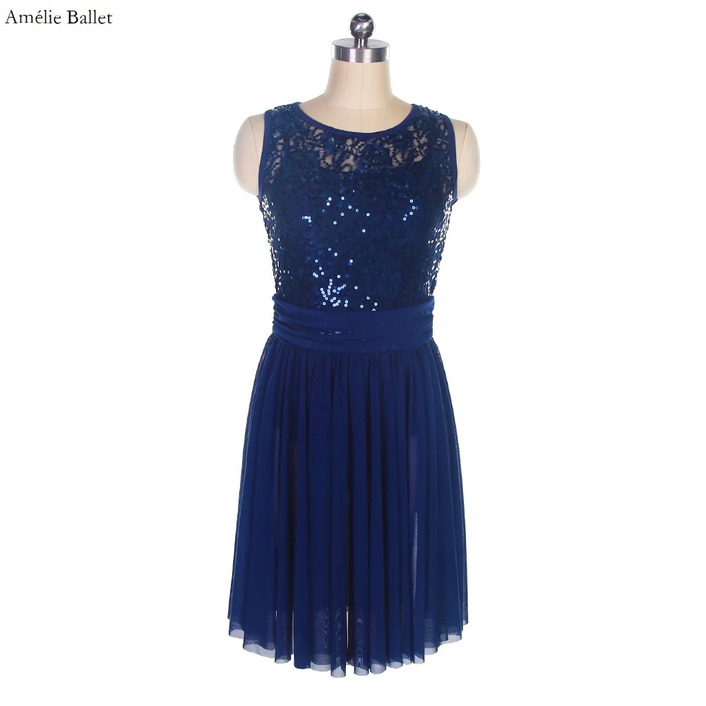 

17310 Navy Blue Ballet Dance Costume Sequin Lace Dress for Adult Girls Lyrical and Contemporary Dancing Dress Performance Skirt