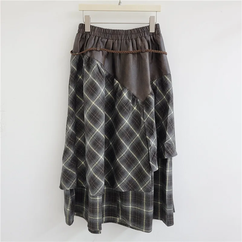 HKSH Women Skirt American Style Retro Trendy Leather Patchwork Plaid Versatile Design Irregular Casual Loose Long Skirts HK27340
