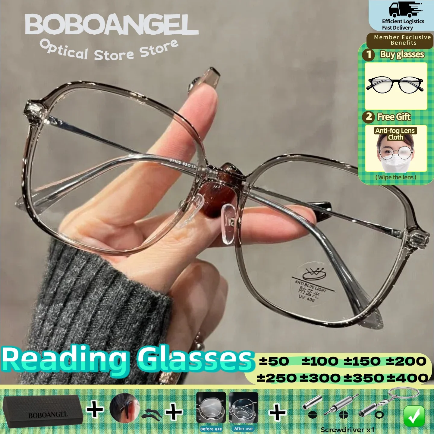 BOBOANGEL New Fashion Large Square Progressive Prescription Reading Glasses Women Anti Blue Light Optical Customized Eyeglasses