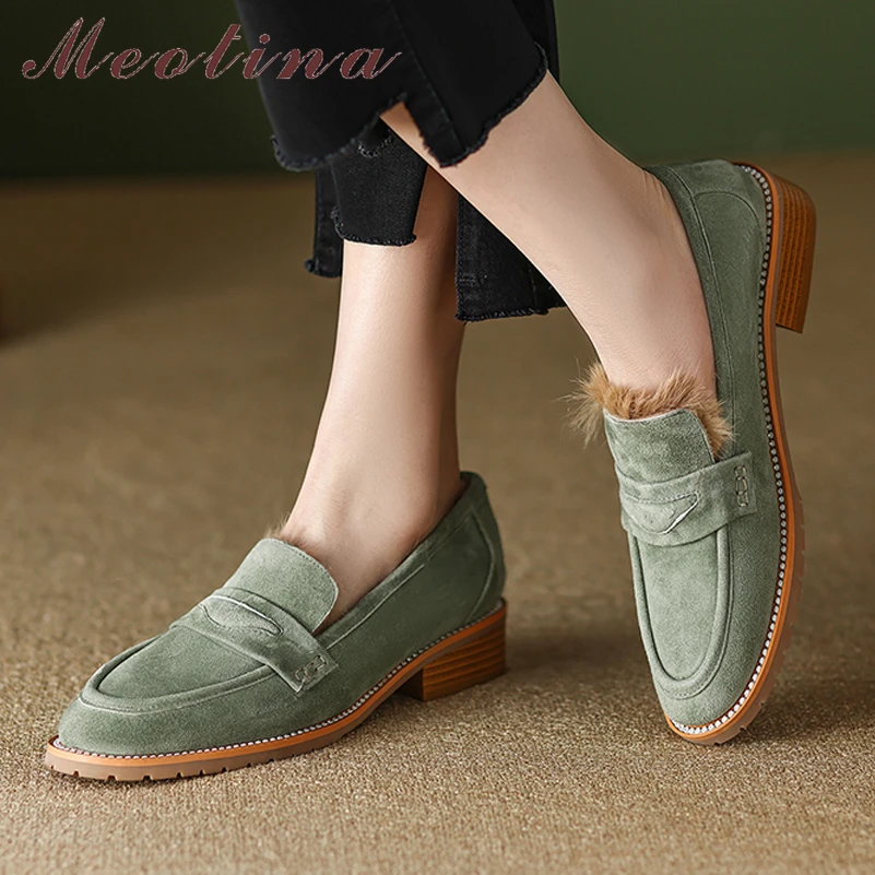 

Meotina Women Genuine Leather Loafers Round Toe Flats Ladies Kid Suede Fashion Casual Shoes Winter Autumn Apricot Green 40