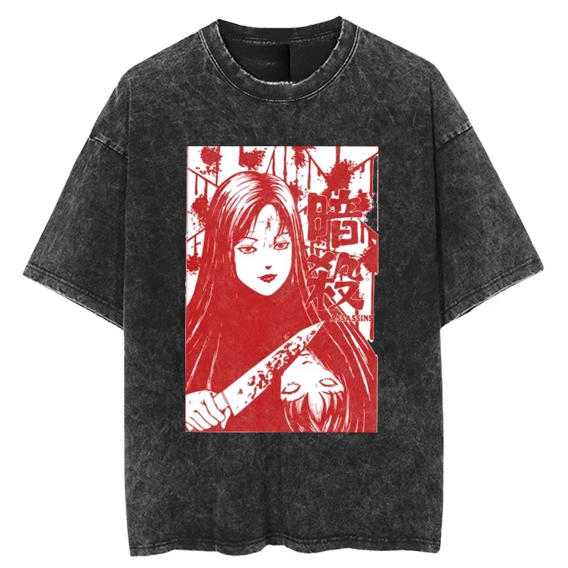 New Summer Tomie Junji Ito Retro Washed Antique Short-Sleeved T-Shirt Men's Trendy Brand Japanese High Street Hip-Hop Shirt