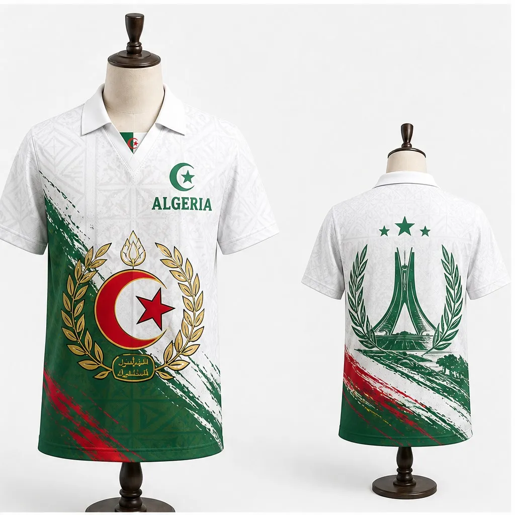 Mens Half Polo V Neck T Shirt Algeria Laurel Crescent Monument Graphic Short Sleeve Casual Athletic Jersey Summer Top Daily Wear