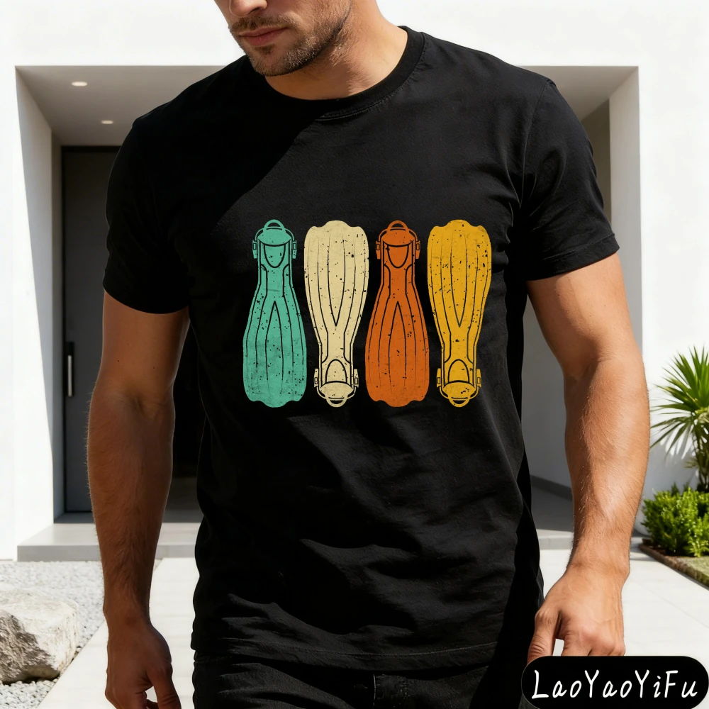 Diving Fins Pattern Summer Men T-Shirt Beach Wear Gift for Divers and Water Sports Lovers Casual Vintage Style Outdoor Tops