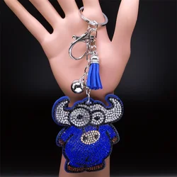 Cartoon Ox Bull Keychain for Women Men Blue Tassel Rhinestone Silver Color Animal Key Ring Bag Ornament Jewelry porte clef QKC
