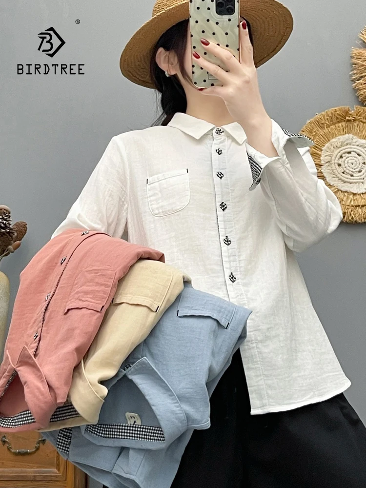 

Новая женская хлопковая рубашка с длинным рукавом на весну 2026 года, с отложным воротником, в клетку, в стиле пэчворк, дышащая повседневная свободная блузка в стиле Mori Girl T61827CC