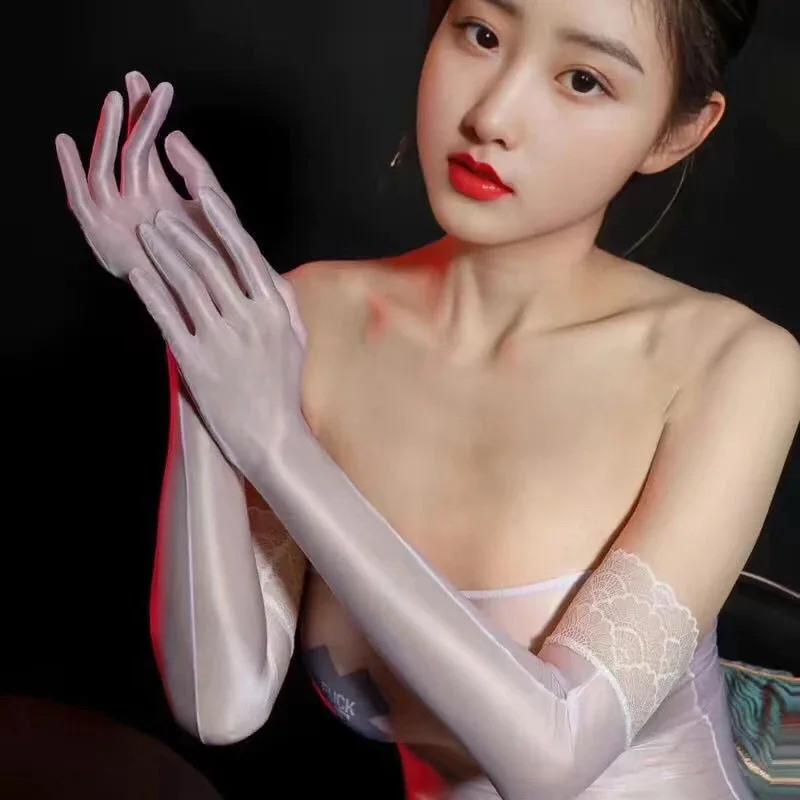 Sexy Temptation Oily Thin Elasticity Transparent Tight Lace Long Gloves Women Party Cosplay Opera Stage Performance