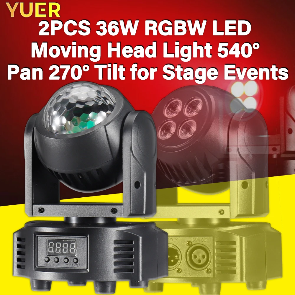 

YUER NEW 2PCS RGBW LED Moving Head Light 36W DMX Stage Light for DJ, Concerts, Theaters – 540° Pan, 270° Tilt, 27° Beam Angle.