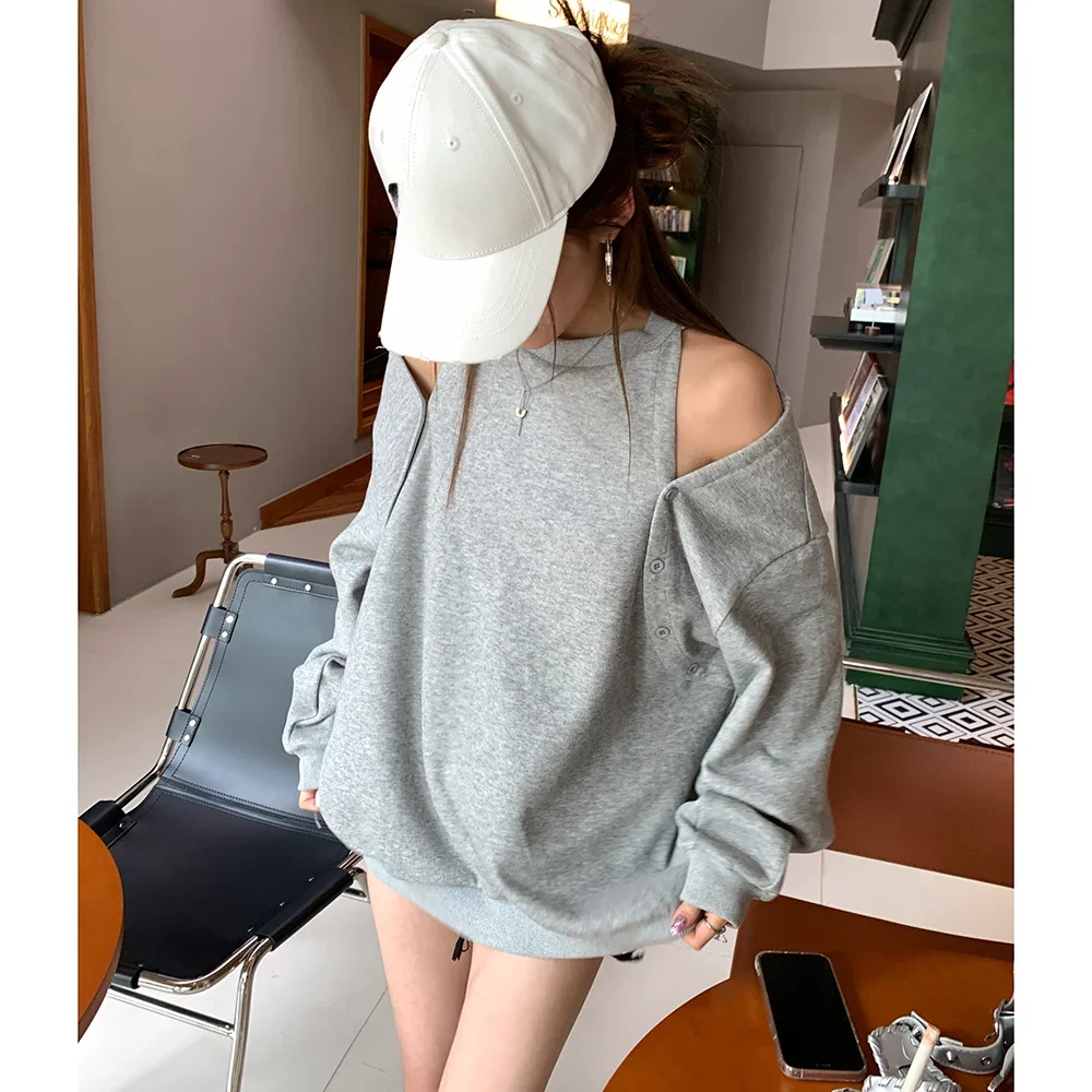 2024 autumn off shoulder hoodie for women, slimming down, covering the flesh, lazy style, black gray top T-shirt, long sleeved