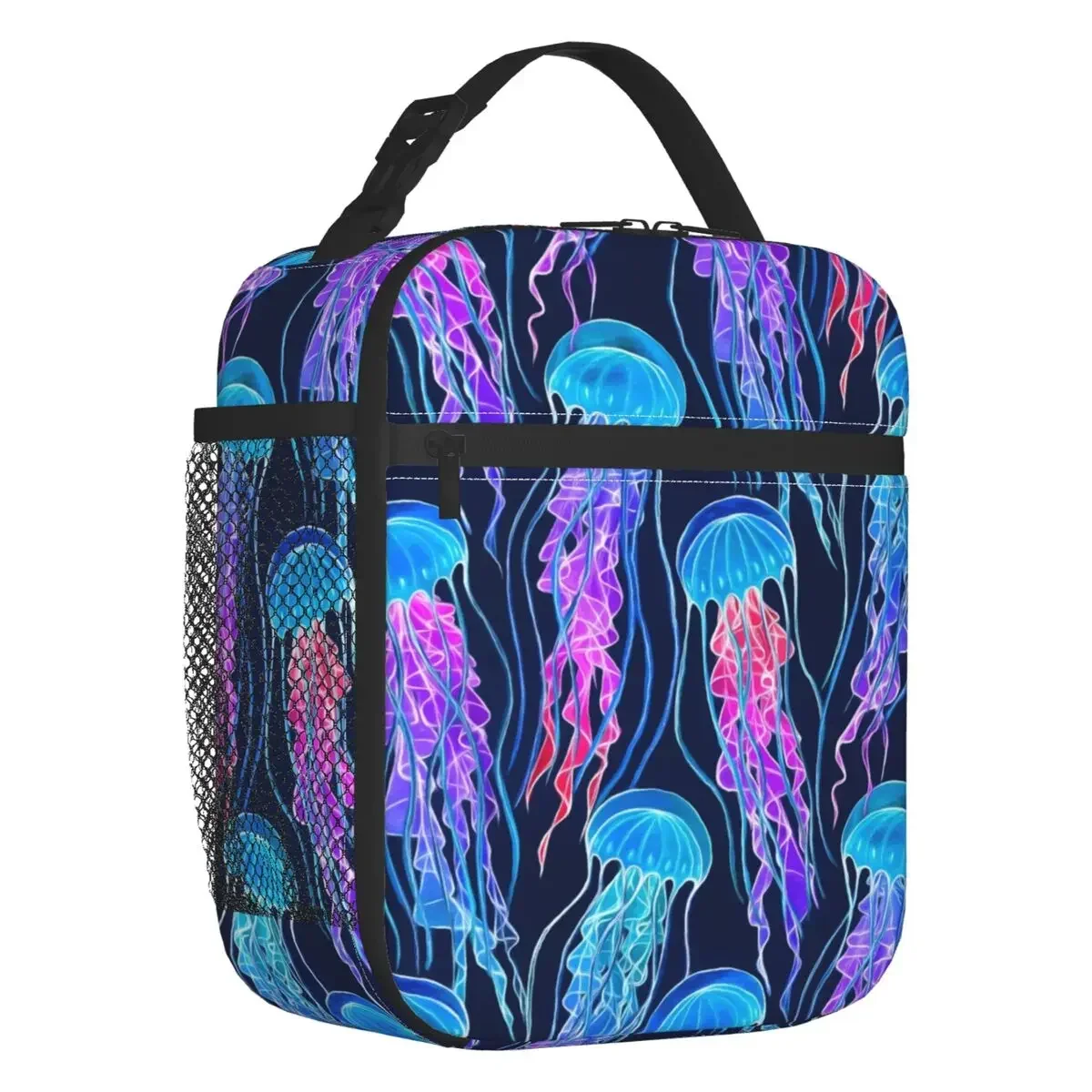 Luminescent Rainbow Jellyfish On Blue Insulated Lunch Bag for Women Resuable Cooler Thermal Lunch Tote Office Picnic Travel