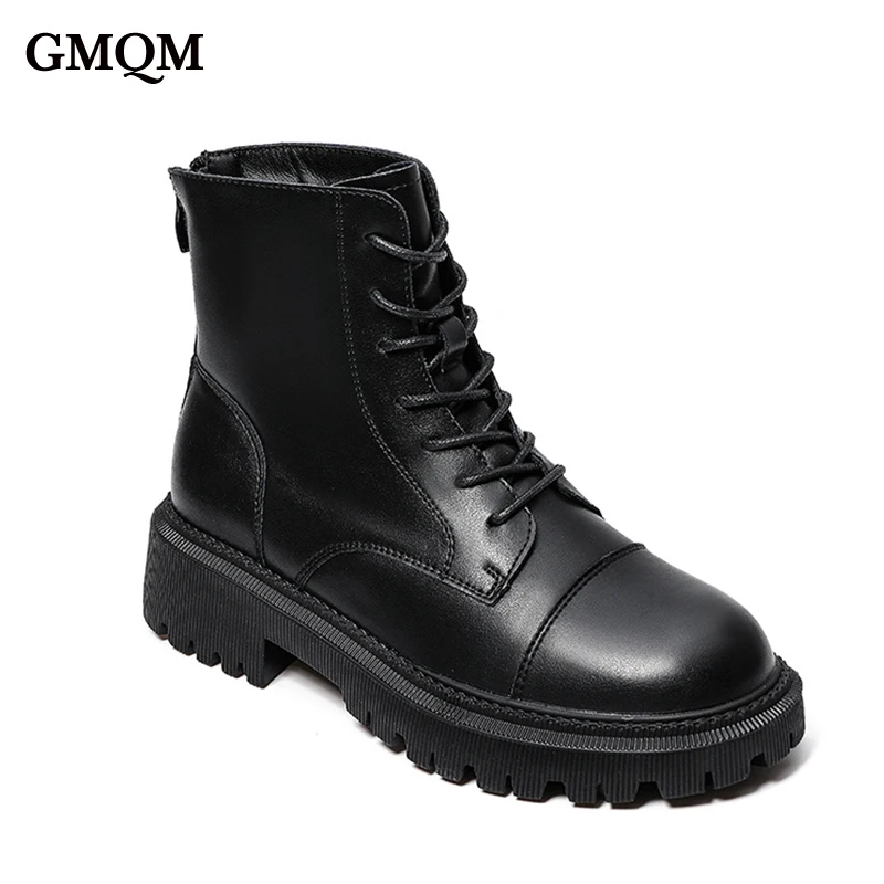 GMQM Brand New 2022 Autumn Fashion Women\'s Ankle Boots Platform Genuine Leather Shoes Round Toe Walk Lace-Up Boots Office Lady