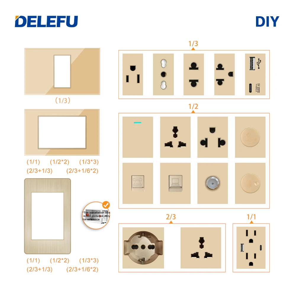DELEFU Italian Socket DIY Whiteboard USB Type C Doorbell Switch 45A 20A Curtain Phone CAT5 TV HDMI SAT Gold image 4