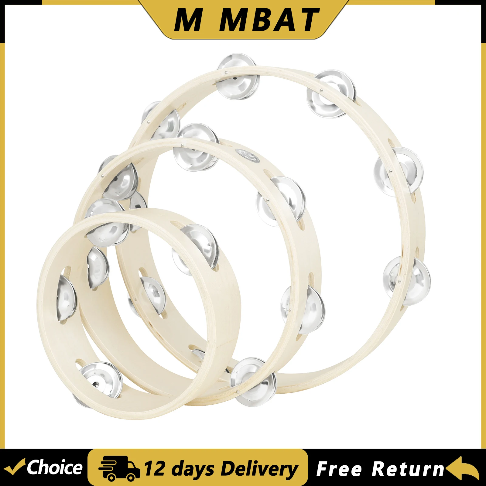 

M MBAT 3Pcs Tambourine Bell Ring 6/8/10 Inch Wooden Tambourine Orff Percussion Instruments Children's Musical Primer Toys Gifts
