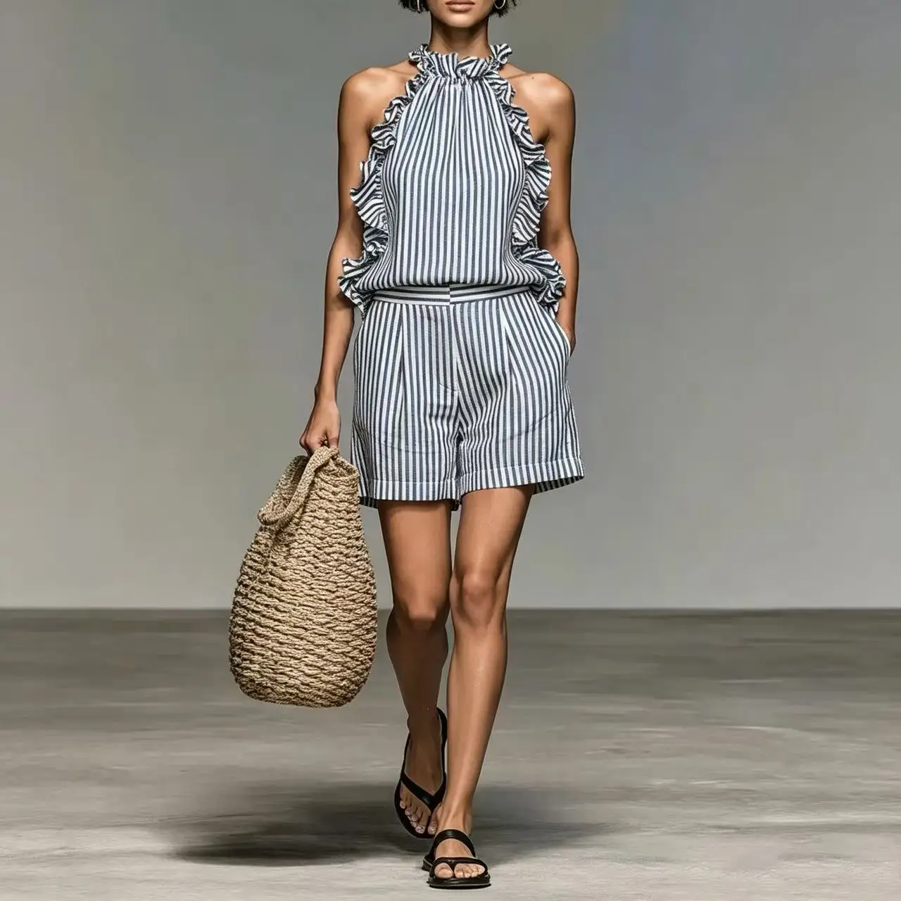 Linen Feel Blue White Stripes Set with Gentle Neck Hanging Sleeveless Top And Versatile Shorts for Commuting And Vacation