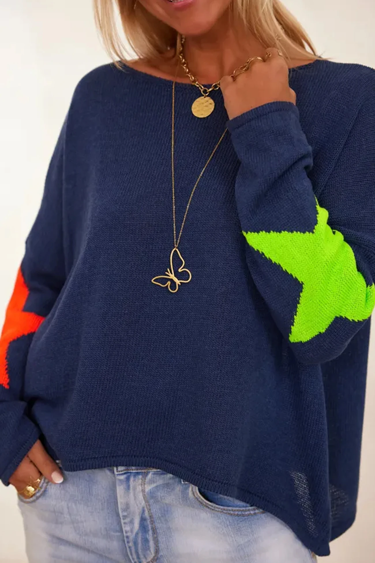 

Women's Casual Oversized Round Neck Sweater with Neon Green Star & Rainbow Stripe Geometric Pattern, Soft Comfortable Mediu