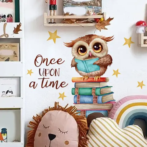 Cute Cartoon Reading Book Owl Wall Sticker Boy Girl Kid Bedroom Study Room Kindergarten Classroom Library Wall  Anime Decoration