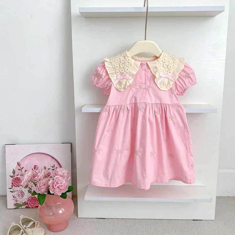 New Summer Baby Dress 1-6Y Girls Bow Princess Dresses Puff Sleeve Embroidery Petal Collar Toddlers Kids Cotton Cute Party Dress