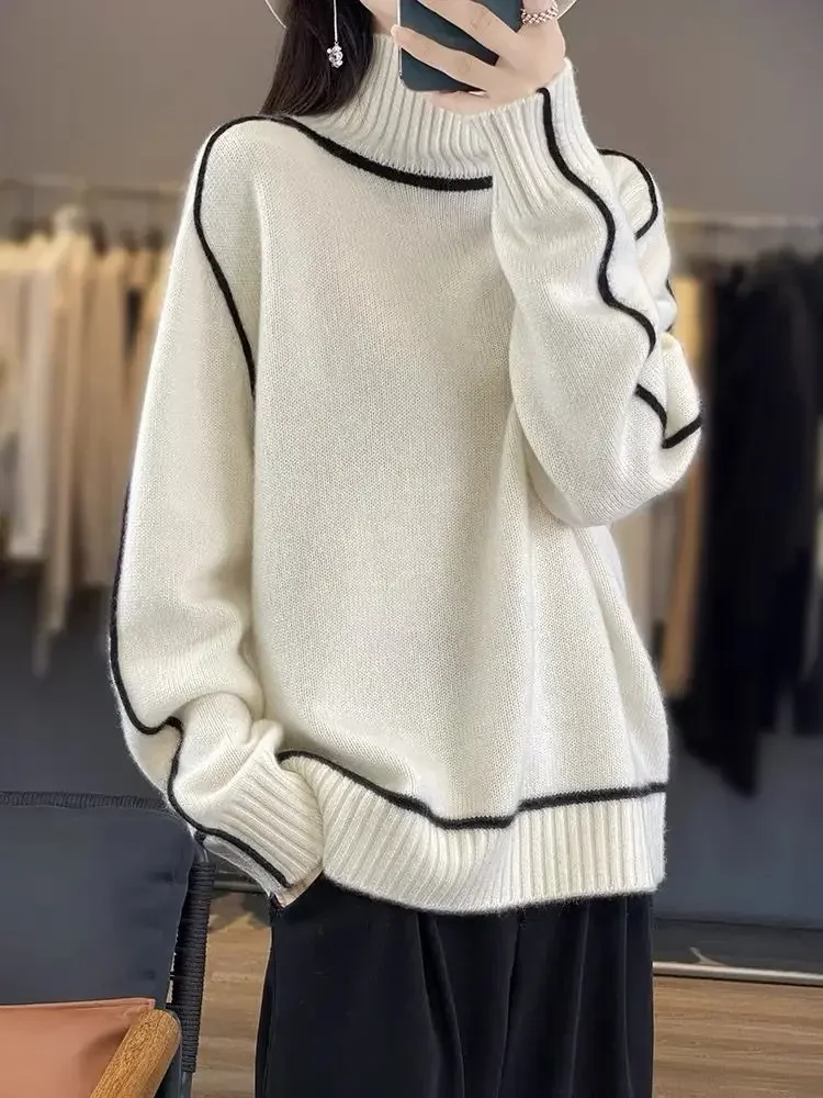 

2024 Winter Fashion New Women's Knitted Hoodie Warm Splicing High Collar Plus Knitted Long Sleeve Commuter Sweater Jumper