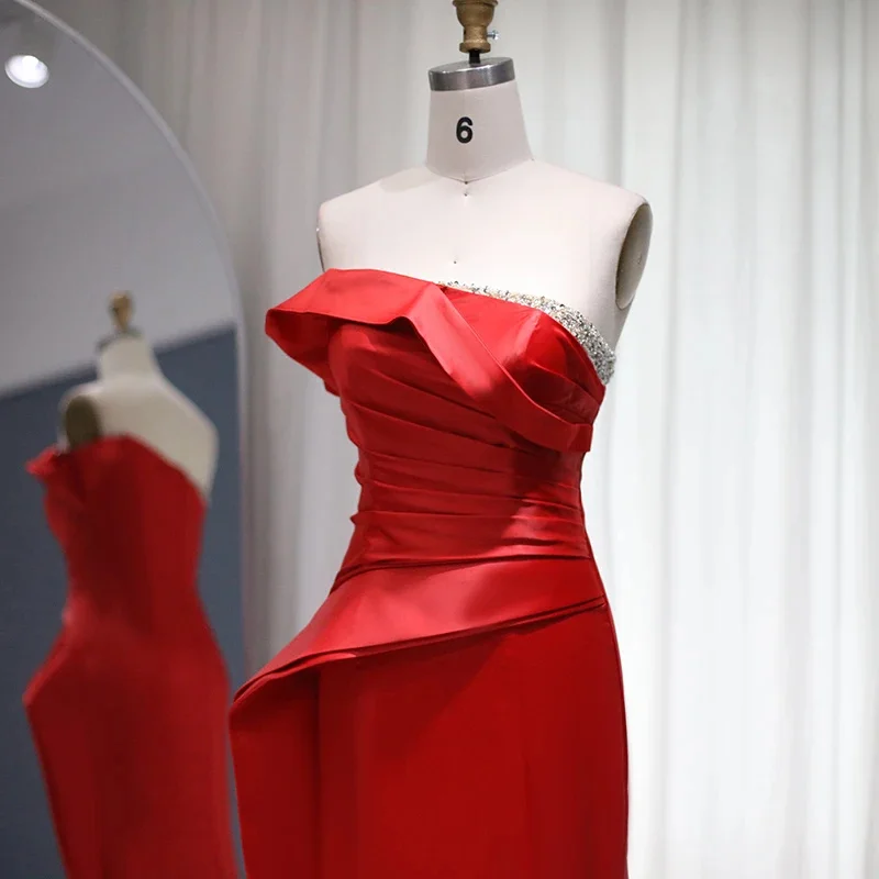 Evening Dresses Long 2024 Red Mermaid Elegant Women Satin Court Train Formal Occasion Luxury Prom Gown Party Dress Sexy Pearl