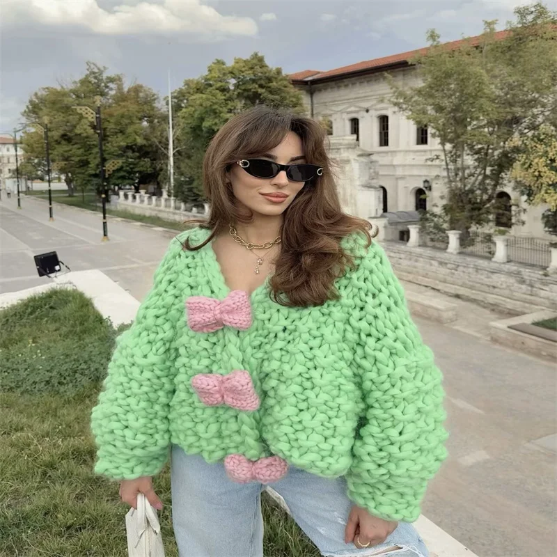 

Свободный женский свитер ручной работы ort Sve 2024, осенний модный большой кардиган с узлом, украшенный открытым узлом