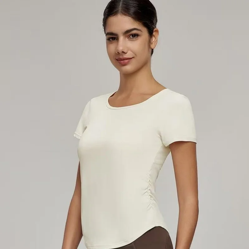 Damen Yoga-Shirt mit kurzen Ärmeln aus Mesh, schnelltrocknend, atmungsaktiv, mit seitlich geraffter Taille, figurbetont, sportliches T-Shirt, Sommer-Gym-Activewear – Detail 4