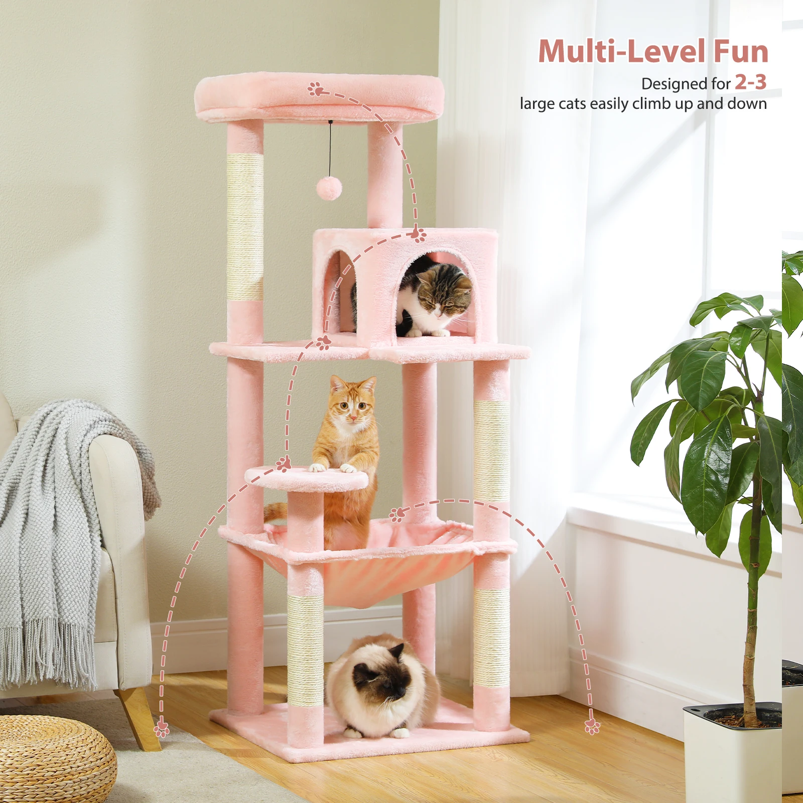 

Cat Tree for Indoor Cats Multi-Level Cat Tower with Large Hammock Sisal Covered Scratching Posts Cozy Condo and Top Perch Pink