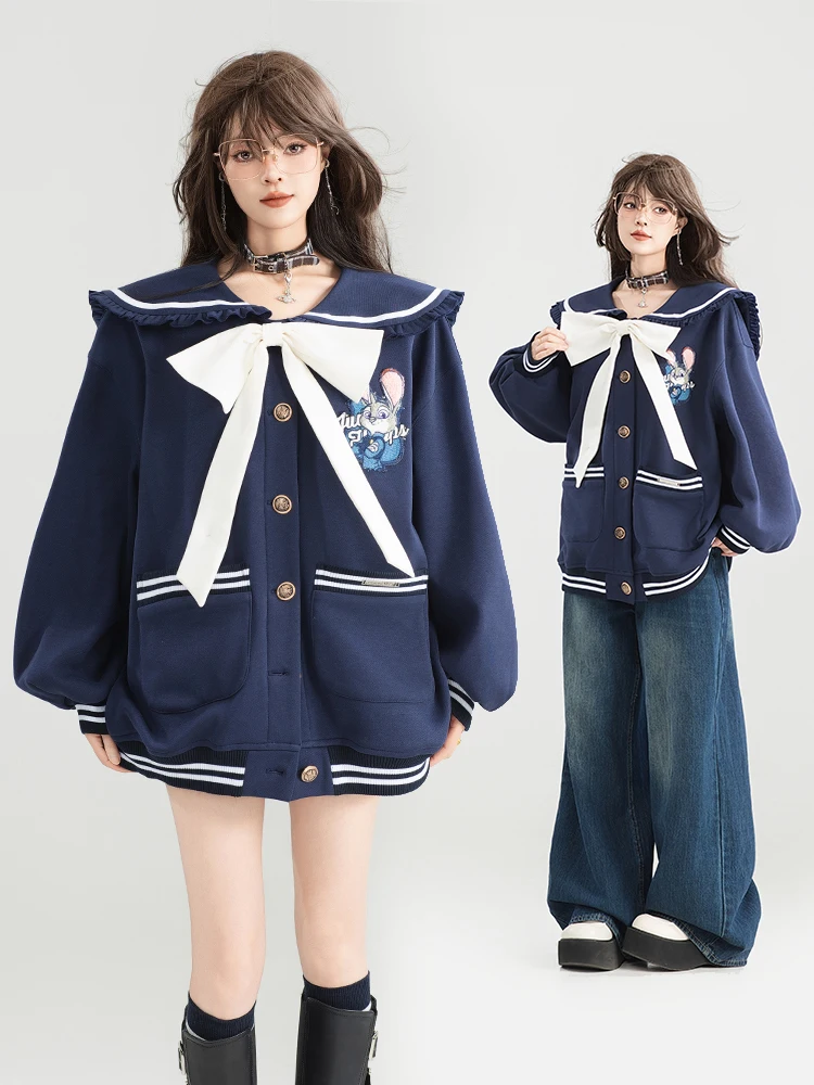 Removable Bow Sweet Single-breasted Navy Collar Jacket Women 2025 Autumn College Style Loose Sweatshirts Top