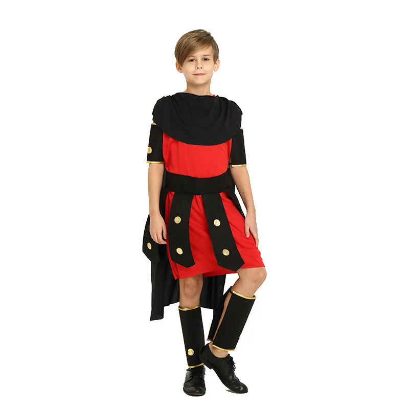 Ancient Greek Roman Black Spartan Kids Boys Royal Warrior Knight Costumes Soldier Children Medieval Roman Attached Cape Party