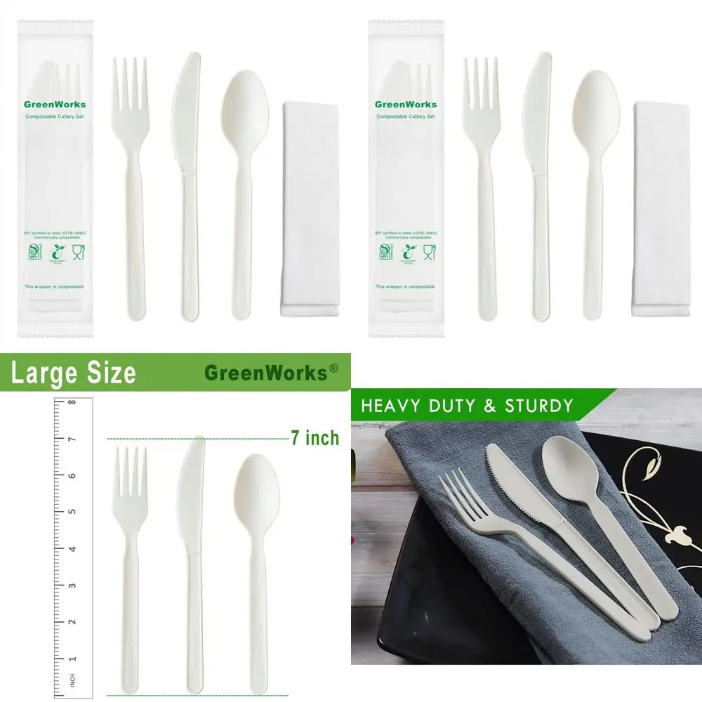 

Compostable Cutlery Set, 200 Biodegradable Kits, 4-in-1 (Fork, Spoon, Knife, Napkin), Individually Wrapped, Eco-Friendly Alterna