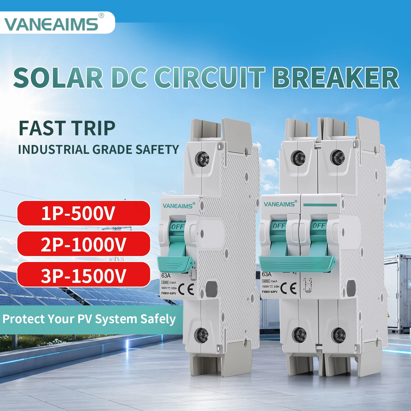 Solar DC Circuit Breaker 6KA Breaking Capacity MCB 1P-DC500V 2P-DC1000V 3P-DC1500V DIN Rail PV Mini Circuit Breaker 16A 32A 63A