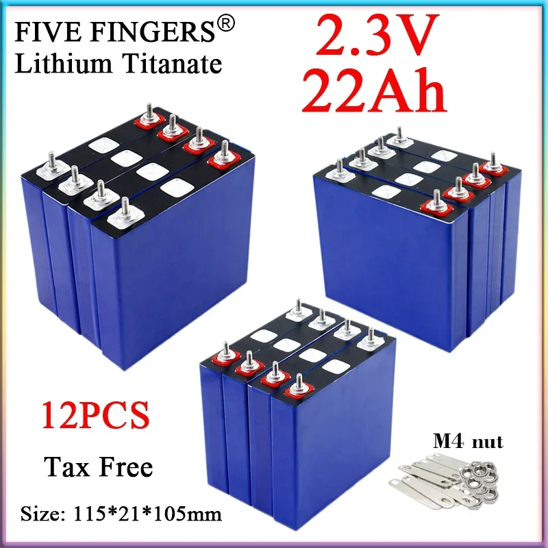 12pcs New 2.3V 22Ah Lithium Titanate Rechargeable Battery DIY 12V 24V E-Scooter Motorcycle Inverter Solar RV Power tool LTO Cell