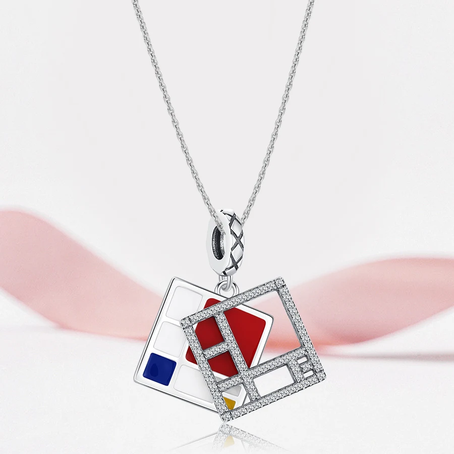 New 925 Sterling Silver Charms Mondrian Color Block Pendant Fit Original DIY Bracelet Jewelry Fashion Gift For Women