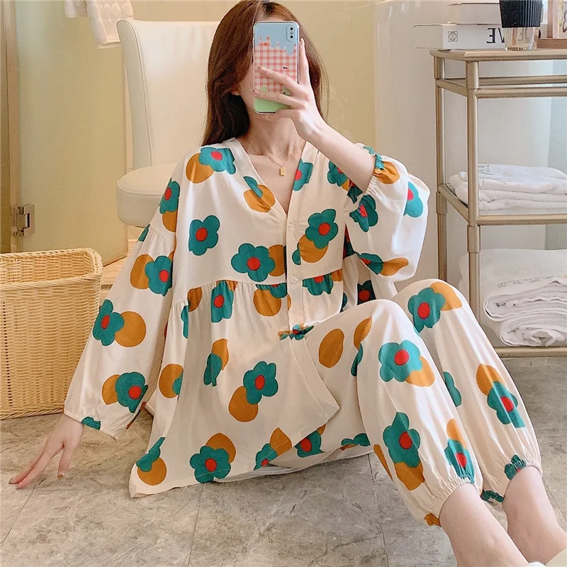 Baggy Pajama Sets Women Lantern Sleeve Summer Elegant New Sleepwear Simple Lady Thin Breathable Mixed Color Casual Sleepwear