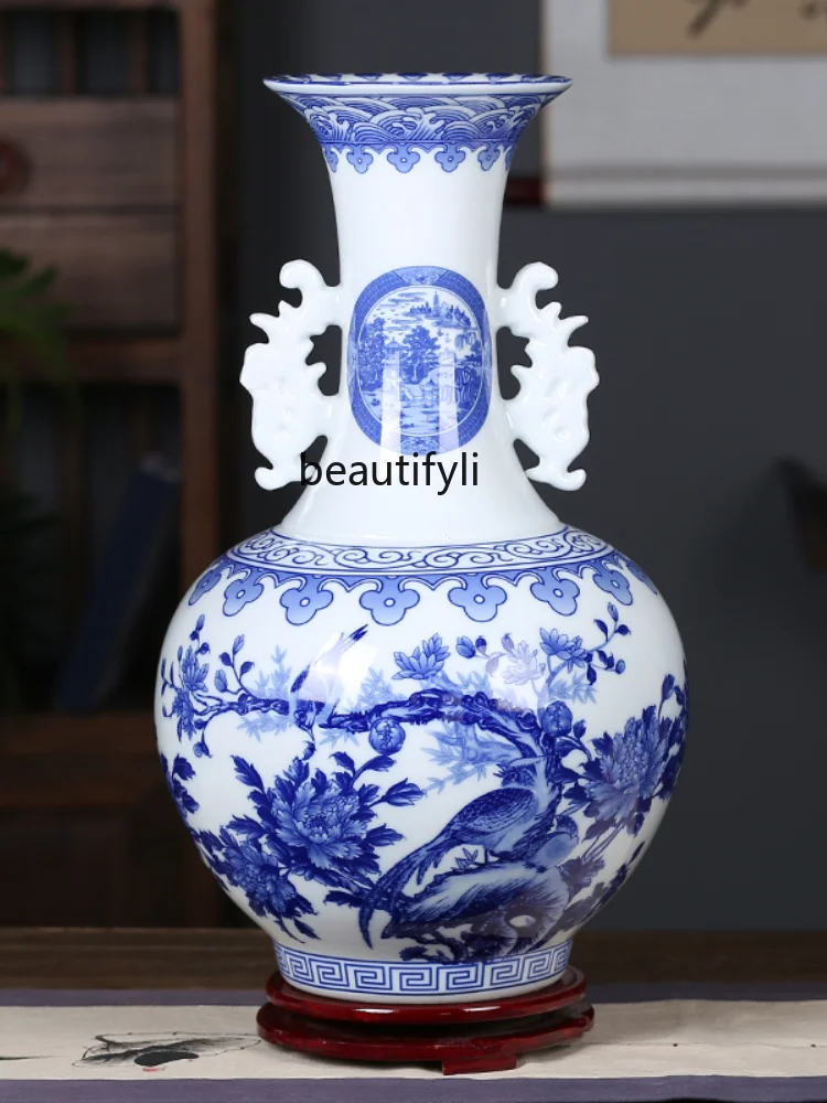 

Jingdezhen Ceramics Living Room Blue and White Porcelain Vase Decoration Home Hallway Curio Shelf Decoration