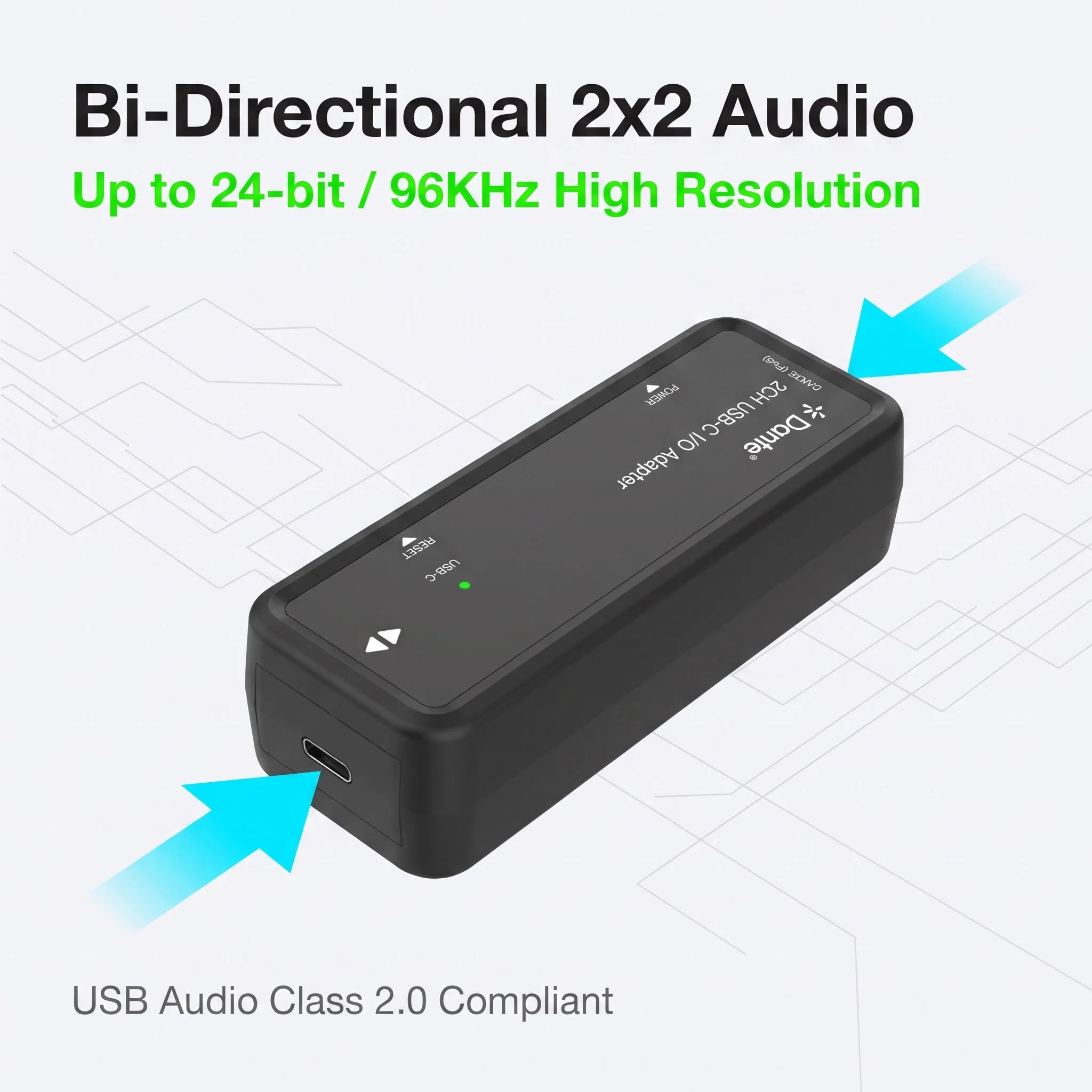 2Ch Dante USB‑C Bi‑Directional Adapter AES67 RTP 24‑Bit 44.1‑96kHz PoE IEEE802.3af USB‑C Powered Plastic Enclosure