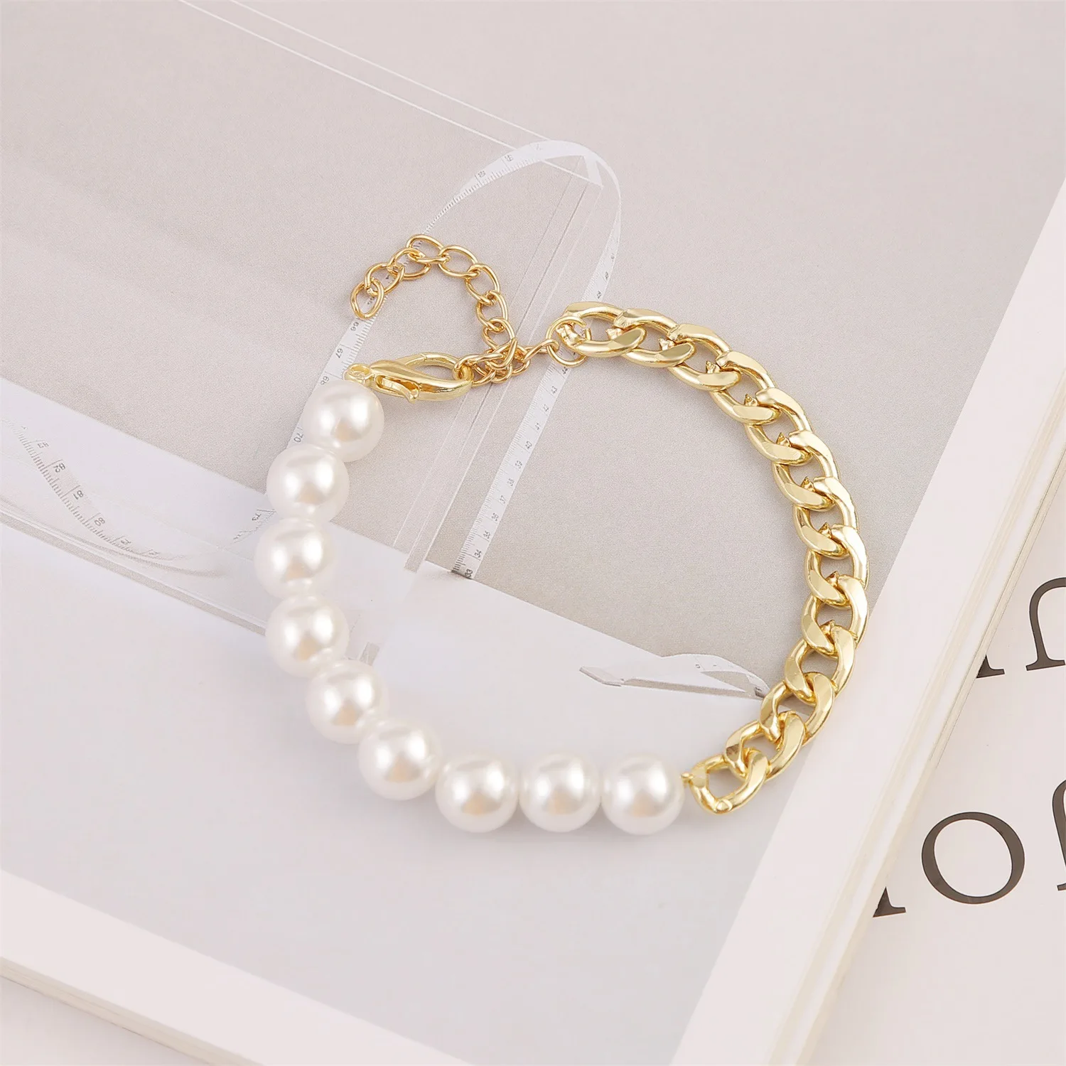 Half Pearl Cuban Chain Necklace Bracelet Set for Women Stainless steel Jewelry Gift