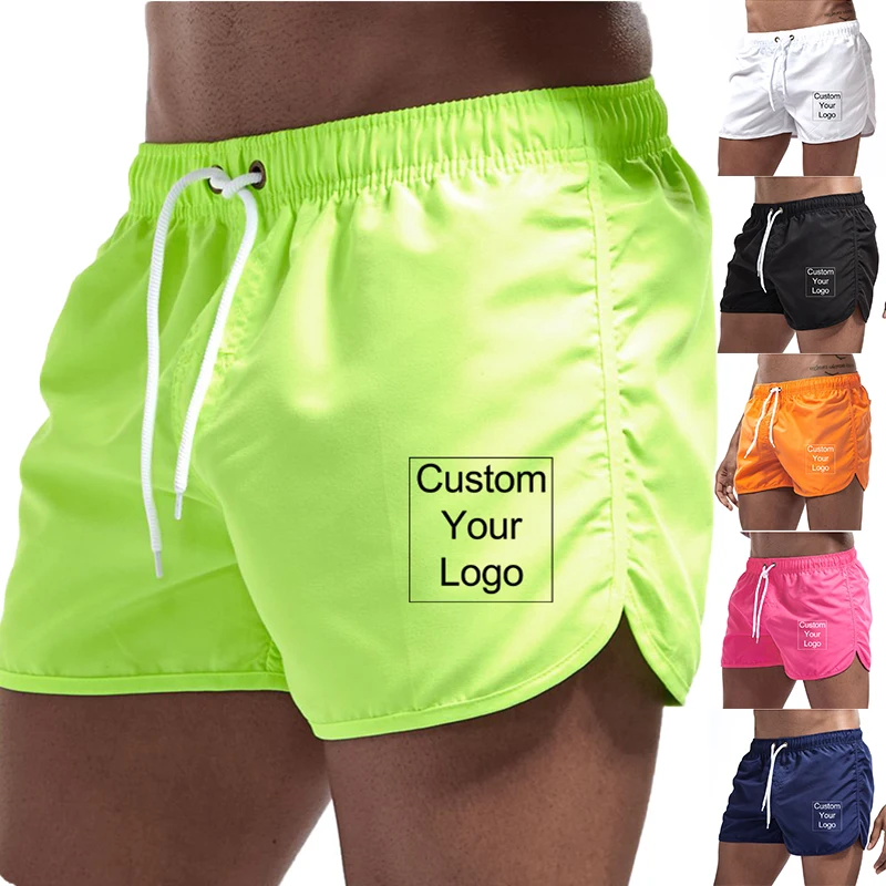 Custom Logo Men's Stretch Swim Trunks Quick Dry Beach Drawstring Shorts Pockets   Shorts