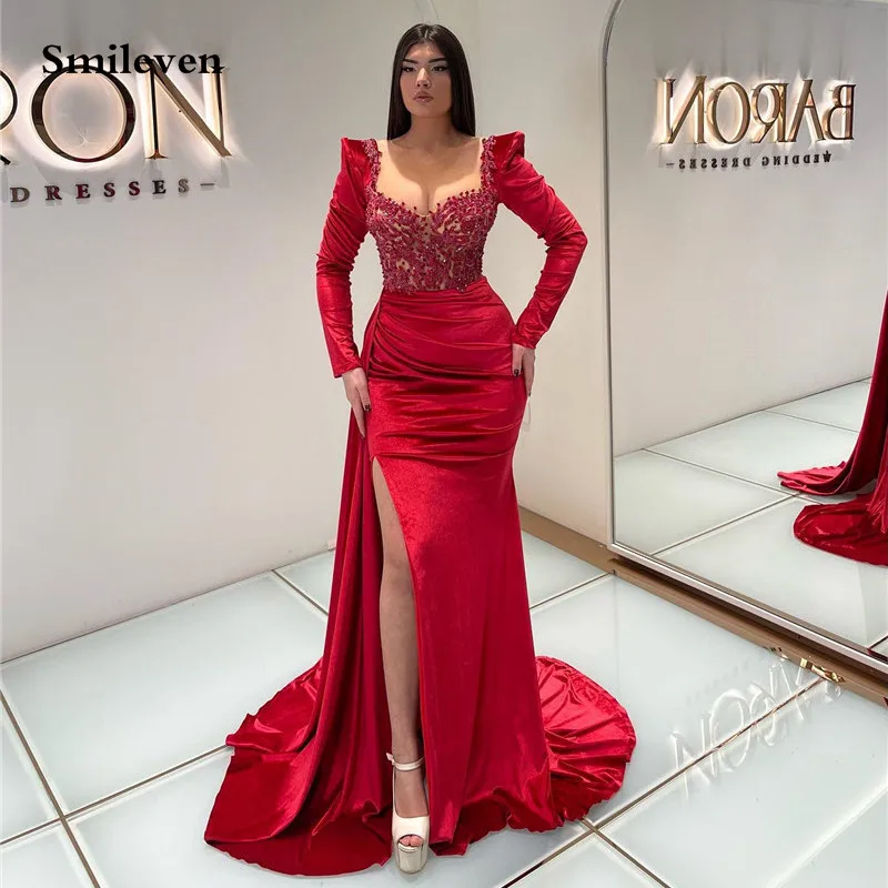 

Smileven Red Long Sleeve Mermaid Evening Dresses Beading Lace Saudi Arabia Robe De Soirée Evening Party Prom Dress 2023