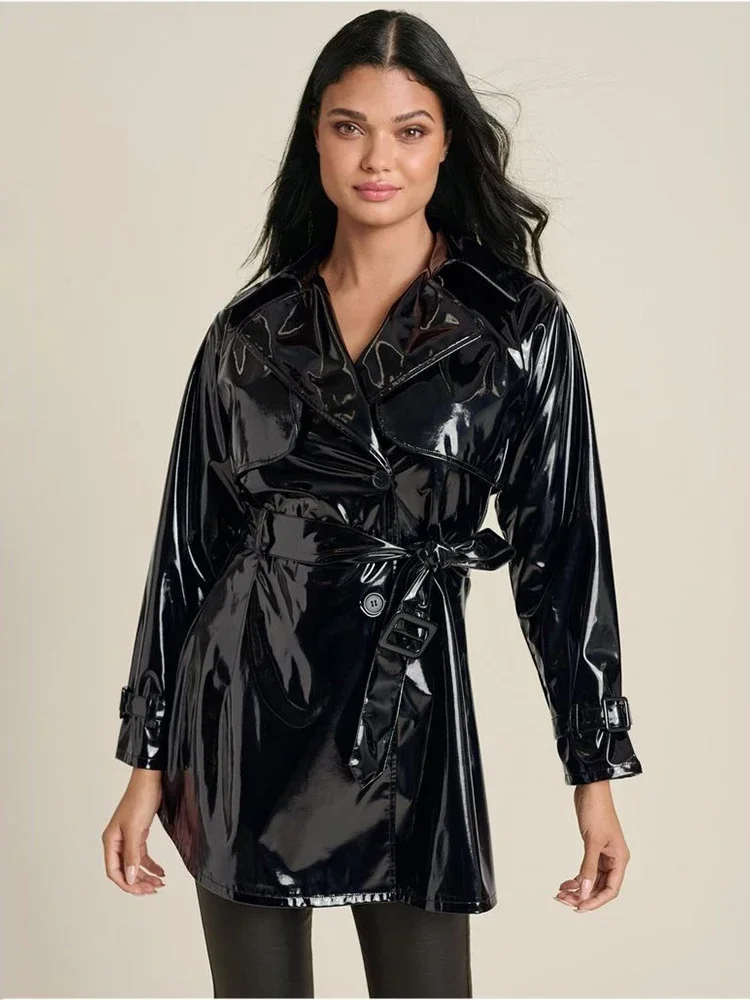 Women Faux Latex Jacket Coat Glossy Patent Leather Trench Overcoat With Belt Gothic Black PVC Laple Blazer Suit Pocket Custom