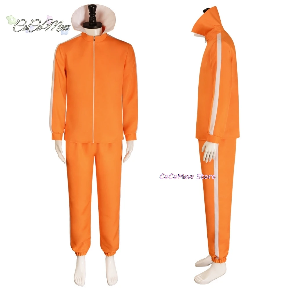 オレンジ色のジャケットとパンツのコスプレ衣装セット,映画のベクトル,ハロウィーンのファンシースーツ,パーティーの衣装,コート,キノコの形,かつら,メガネ