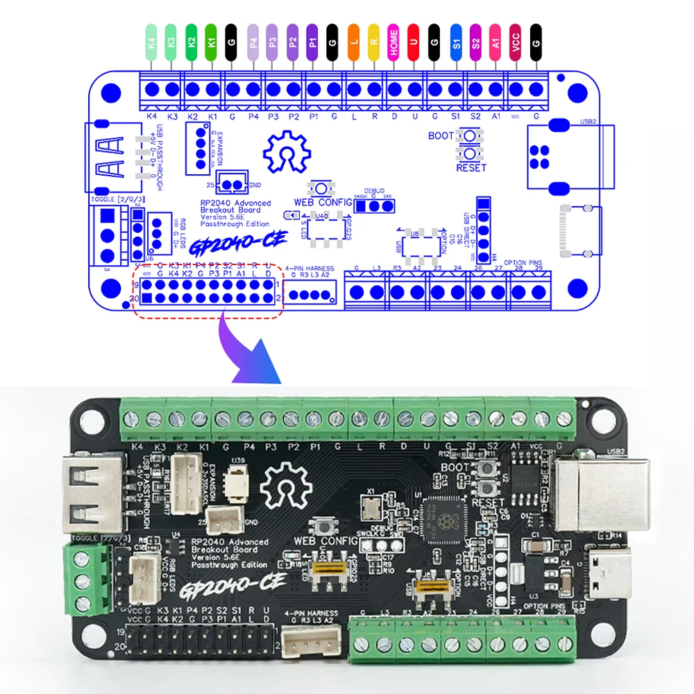 RP2040 Advanced Breakout Board USB Passthrough Fighting Board for Arcade Hitbox DIY Fighing Stick For PC/PS4/NS/PS5