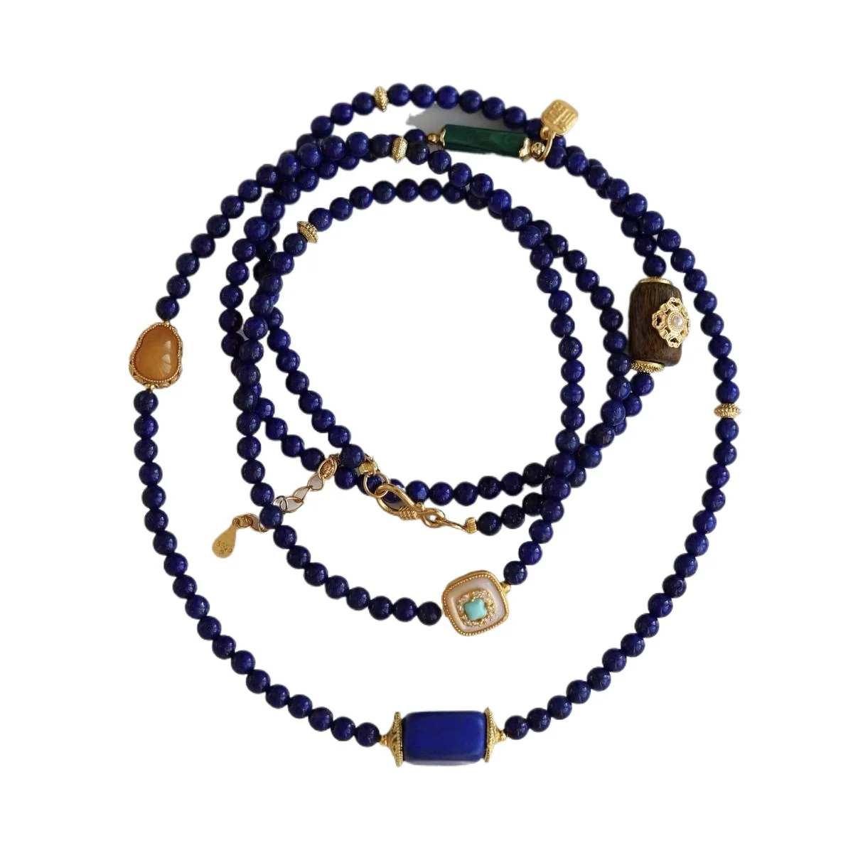 Natural Crystal Quartz Lapis Lazuli Long Beaded Chain With Gilded Beeswax Turquoise Calabash Women Jewelry
