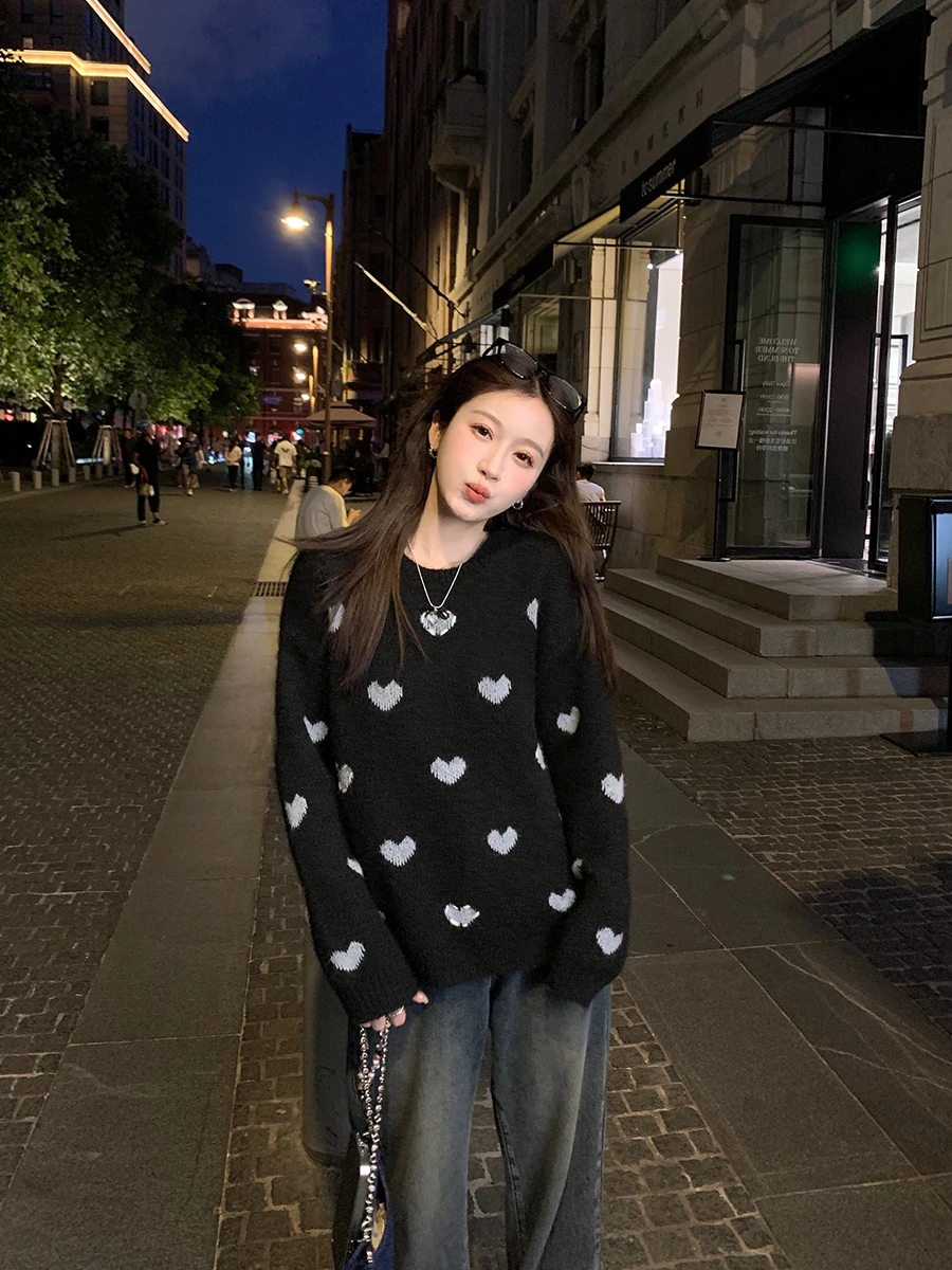 

Свитер Sweet Heart Tea Par Woolen Heart Lazy Bla, круглый вырез, вязаный топ YANUOYU, удобный для повседневной носки, смесь полиэстера