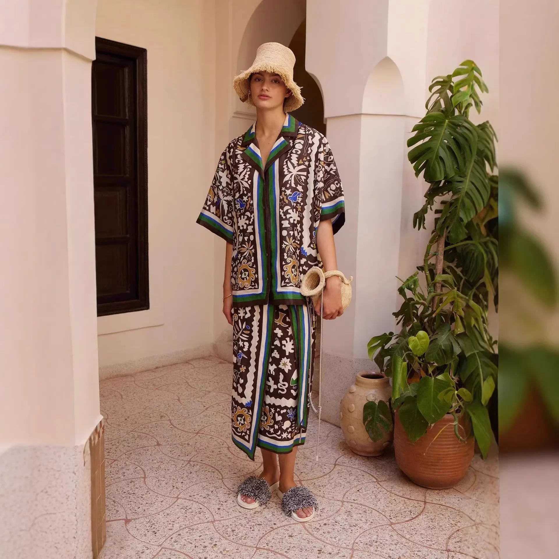 

Новая модная юбка-костюм из льна с принтом в стиле кэжуал для отпуска