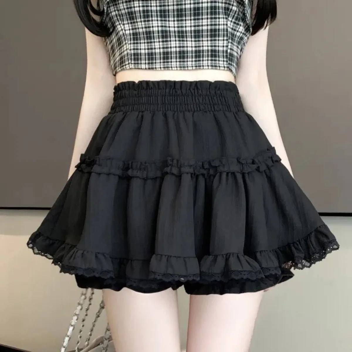 White Tiered Puff Skirt Pants - High Waist Lace Trim A-Line Shorts, Sexy Fluffy Culottes with Anti-Peep Design Layered Skirt