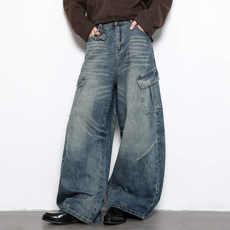 Autumn Men's Hip Hop Fashion Pockets Baggy Jeans High Street Vintage Straight-Leg Denim Pantalones Harajuku Y2K Blue Cargo Jean