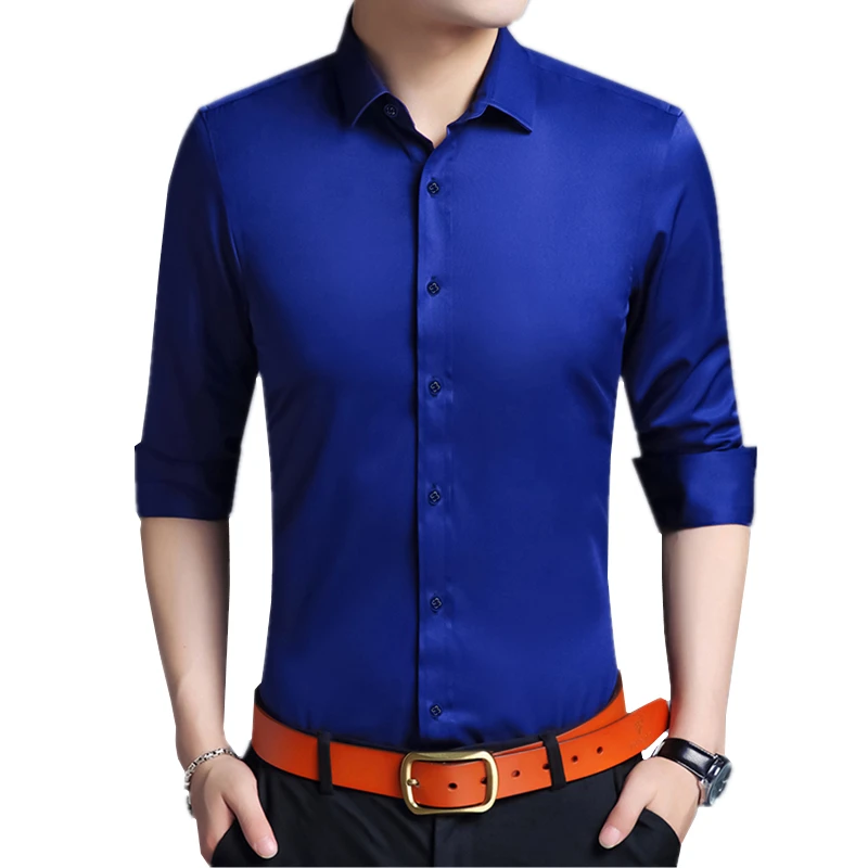 Camisa de manga larga de color rojo brillante, camisas ajustadas a la moda para hombre, Tops blancos, azules y grises para hombre, vestido negro, morado y verde, Camisa para hombre