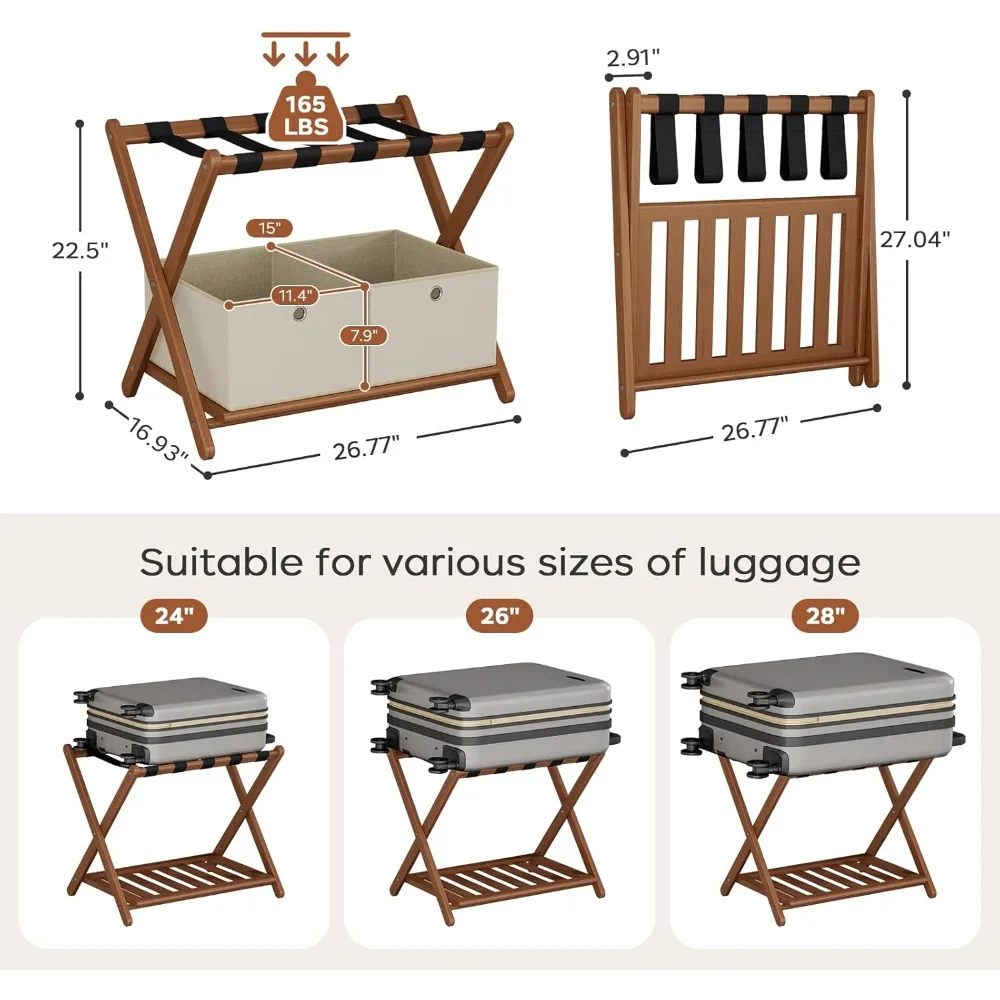 

US Shipping Folding Walnut Luggage Rack Stand with Storage Boxes 5 Nylon Straps Bamboo Suitcase Holder for Bedroom Hotel