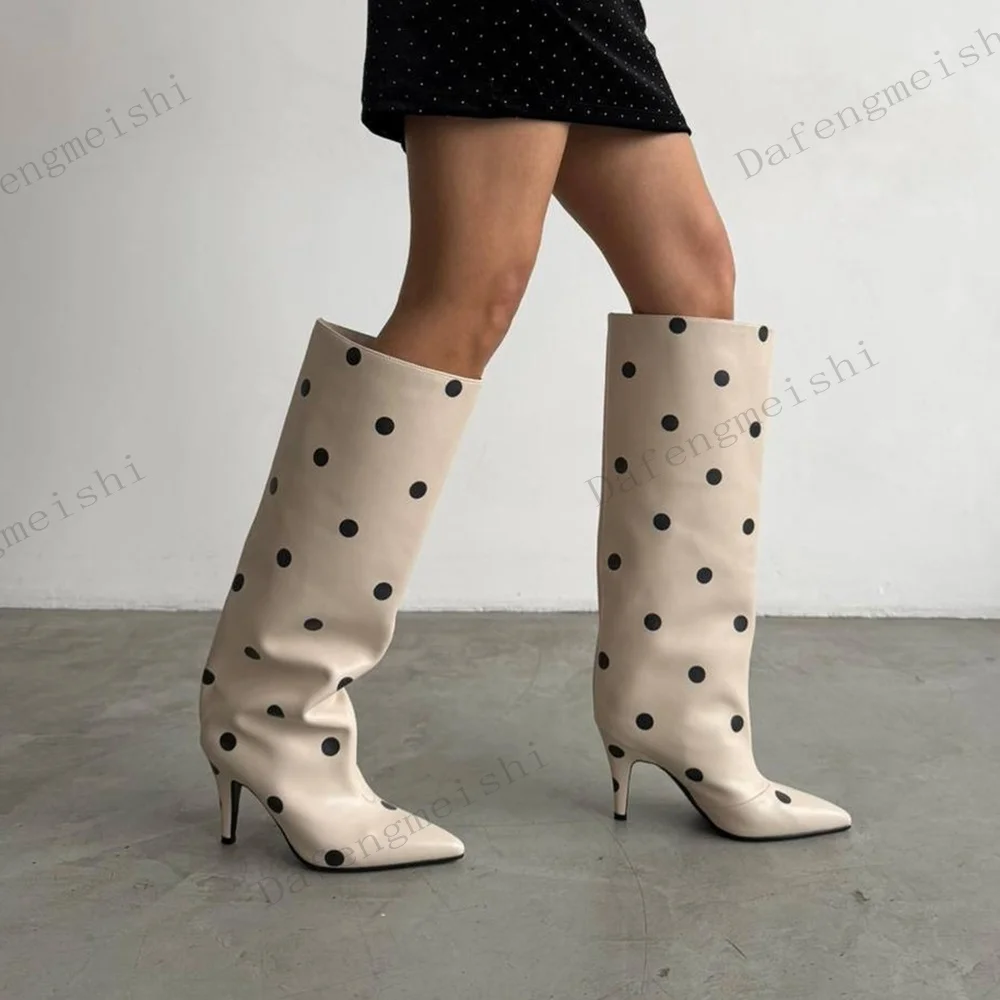 Weiße schwarze Polka-Dot-Kniehohe Stiefel mit spitzer Zehenpartie und Stilettoabsatz – Neu 2026 – Elegante Slip-On-Stiefel für Damen im Street-Fashion-Stil