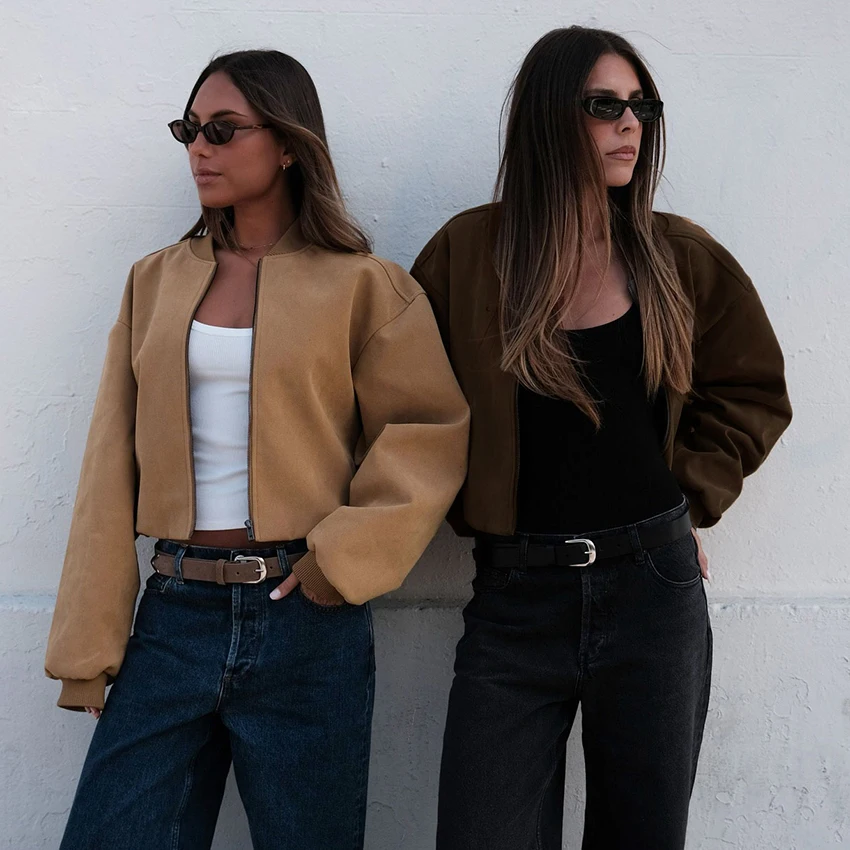 

Linad Street Chic Brown Suede Zipper Coat For Women 2025 Elegant Khaki Outerwear Casual Long Sleeve Jacket Female 2025 Autumn